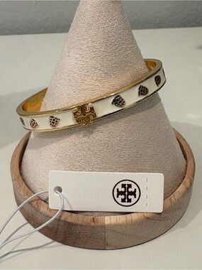 Tory Burch White Enamel Logo Hinged Bangle with Gold Accents